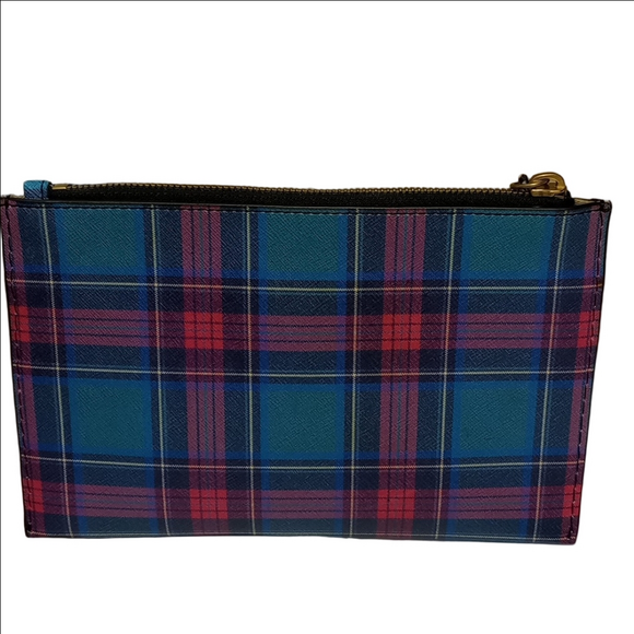 J.CREW BLUE & PINK PLAID ENVELOPE LEATHER CLUTCH WITH TASSEL - Picture 6 of 12